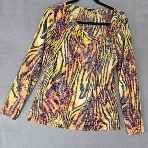 Chaus Womens Medium Shirt Boho Multicolor Zebra Lagenlook Scoopneck